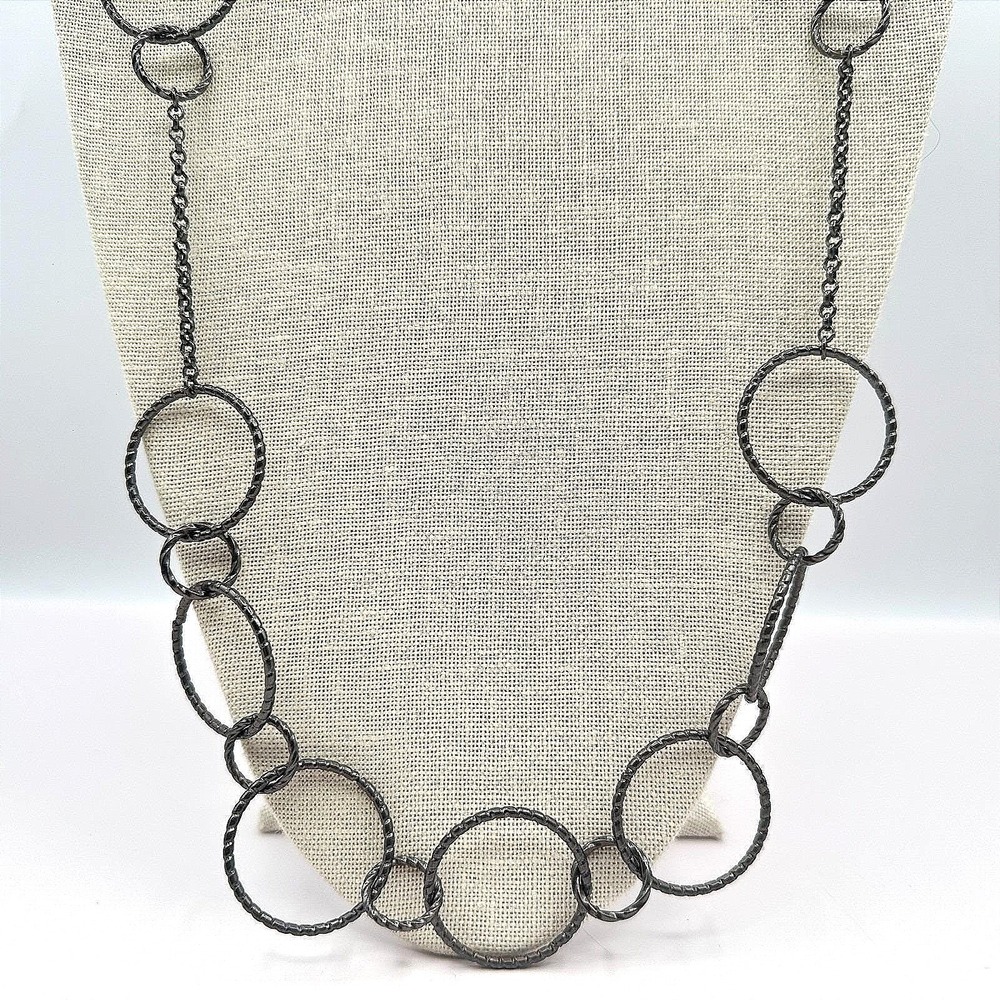 Vintage Gunmetal Tone Long Chain Necklace Textured Open Circle Link Station Boho